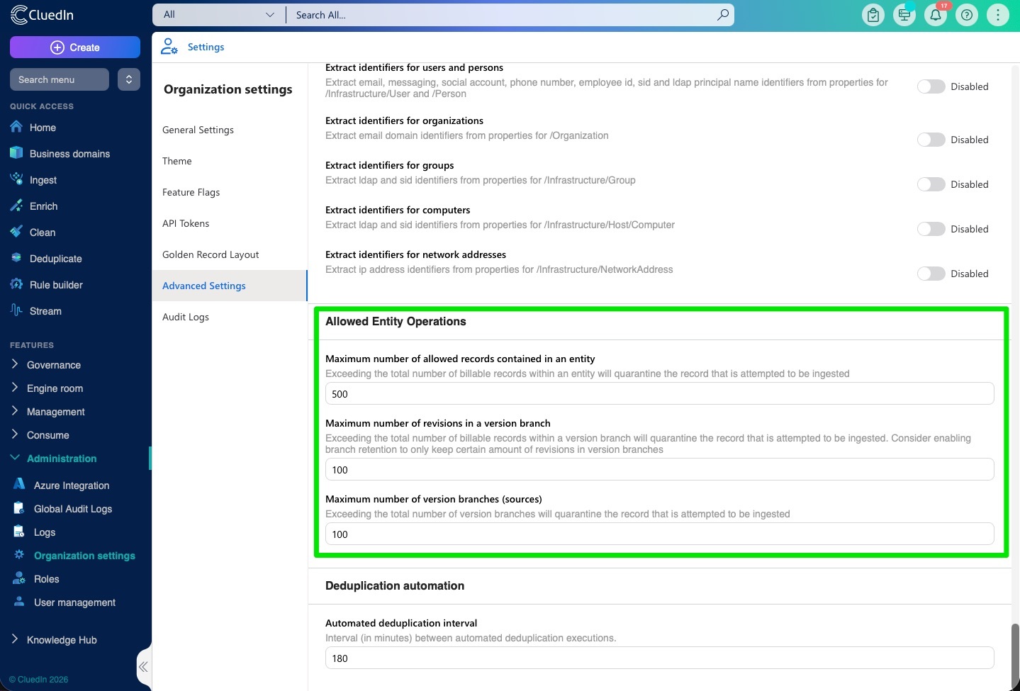 Advanced Settings in Organization settings with the Allowed Entity Operations section highlighted, showing limits for records per entity, revisions and version branches
